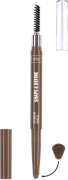 WIBO Shape & Define, brązowa kredka do brwi z wyprofilowanym sztyftem i grzebykiem, pionowe ujęcie.