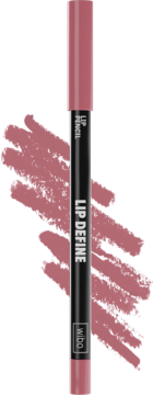 Wibo Lip Define konturówka do ust, odcień brudnego różu. Pionowo, z czarnym korpusem i różowymi końcówkami, obok próbki koloru.