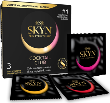 SKYN Cocktail Club: Czarne pudełko z 3 bezlateksowymi prezerwatywami o smakach. Obok trzy saszetki.