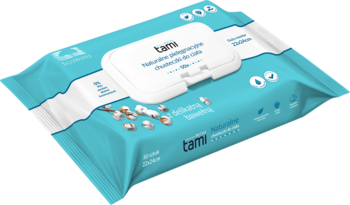 Turkusowe, biodegradowalne chusteczki Tami do ciała z białym dozownikiem, ujęcie z góry pod kątem.