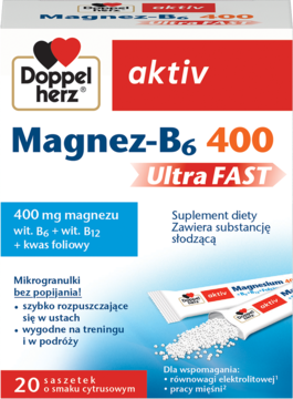 Białe opakowanie Doppelherz Magnez-B6 400 Ultra FAST. Mikrogranulki, cytrynowy smak, czerwone logo na górze.