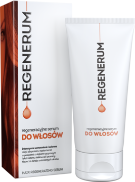 Opakowanie i tubka Regenerum regeneracyjne serum do włosów, białe z pomarańczowymi akcentami, widok z przodu.