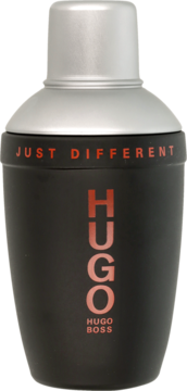 Matowy czarny flakon perfum Hugo Boss Just Different w kształcie shakera, z napisem HUGO i srebrną nakrętką, widok z przodu.