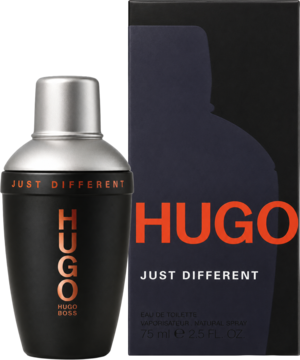 Hugo Boss Just Different woda toaletowa, czarna butelka-shaker i pudełko z pomarańczowym logo, widok z przodu.