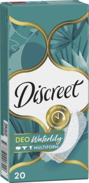 Opakowanie wkładek Discreet Deo Waterlily Multiform 20 szt. Turkusowo-złote z kwiatami, z napisem Fresh All Day.
