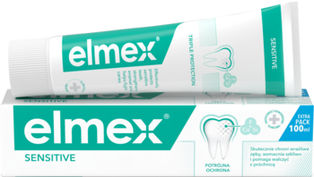 Pasta do zębów elmex Sensitive w białej tubce i pudełku z zielonym logo, widok z przodu, lekko pod kątem.