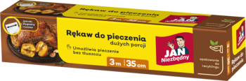Rękaw do pieczenia JAN Niezbędny, brązowe pudełko z żółtą etykietą i grafiką mięsa, widok z przodu, 3 m x 35 cm.