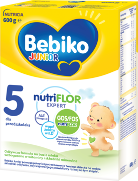 Bebiko Junior 5, mleko modyfikowane dla przedszkolaka, żółto-niebieskie opakowanie 600g, widok z przodu.