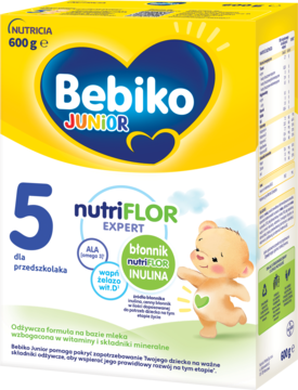 Bebiko Junior 5 NUTRIflor Expert, mleko modyfikowane 600g, żółto-białe opakowanie z misiem, widok z przodu.