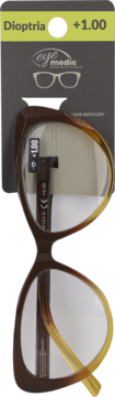 Eye Medic okulary do czytania +1.00, brązowe oprawki cieniowane na żółty. Widok z przodu na szarym opakowaniu.