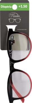 Gotowe okulary Infocus do czytania, czarne z czerwonymi zausznikami, moc +1.50, widok w opakowaniu.