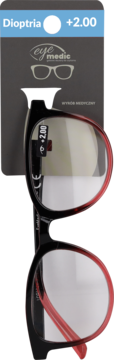 Okulary do czytania eye medic czarno-czerwone, dioptria +2.00, widok z przodu na firmowym opakowaniu.