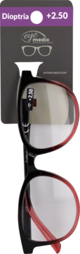Okulary Eye Medic do czytania +2.50, czarne z czerwonymi zausznikami, na opakowaniu, widok pod kątem.