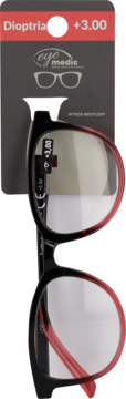 Infocus gotowe okulary do czytania Eye Medic, czarno-czerwone, moc +3.00, na szarym opakowaniu.