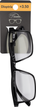 Czarne okulary do czytania z +3.50 dioptrii, na czarnym opakowaniu Eye Medic z pomarańczową etykietą u góry.