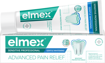 Biała pasta Elmex Sensitive Professional Gentle Whitening w tubce i opakowaniu, widok z przodu, dla ulgi w bólu.