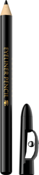 Czarna kredka do oczu ze złotym napisem EYELINER PENCIL, ze zintegrowaną temperówką w czarnej zatyczce.