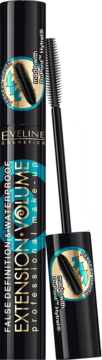 Eveline Extension Volume Waterproof, czarny tusz do rzęs, mega pogrubienie, z otwartą szczoteczką.