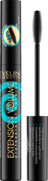 Eveline Cosmetics Extension Volume mascara. Czarna tubka ze złotym napisem i turkusowymi detalami, z wysuniętą szczoteczką.
