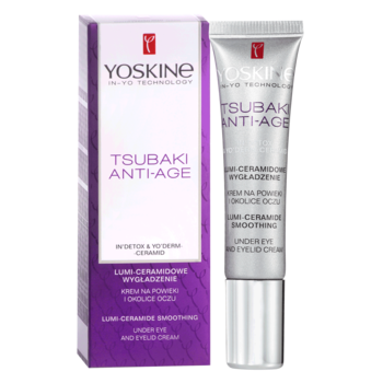 Yoskine Tsubaki Anti-Age krem pod oczy, biała tubka i fioletowe pudełko, widok z przodu.