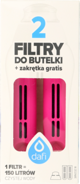 Opakowanie Dafi, 2 różowe filtry do butelki z dodatkową zakrętką, widok z przodu, tekst po polsku.