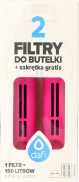 Opakowanie Dafi, 2 różowe filtry do butelki z dodatkową zakrętką, widok z przodu, tekst po polsku.
