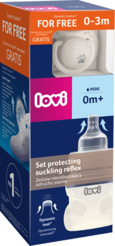 Opakowanie zestawu Lovi: butelka dynamiczna 0m+ i gratis smoczek 0-3m, chroni odruch ssania, biało-niebieskie.