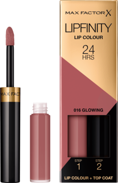 Max Factor Lipfinity Lip Colour 016 Glowing, dwufazowa pomadka w różowo-czarnym pudełku i otwarty aplikator.