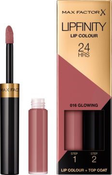 Max Factor Lipfinity Lip Colour 016 Glowing, dwufazowa pomadka w różowo-czarnym pudełku i otwarty aplikator.