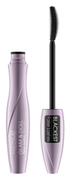 Catrice Glam & Doll Blackest False Lashes mascara, otwarte liliowe opakowanie z czarną zakrzywioną szczoteczką.