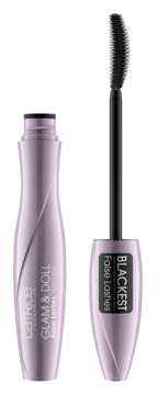 Catrice Glam & Doll Blackest False Lashes mascara, otwarte liliowe opakowanie z czarną zakrzywioną szczoteczką.