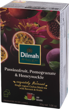 Pionowe pudełko herbaty Dilmah Passionfruit, Pomegranate & Honeysuckle, czarna herbata 20 torebek, przód.