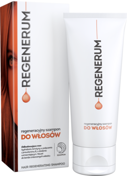 Regenerum regeneracyjny szampon do włosów, biała tubka i pudełko z pomarańczowym logo, widok z przodu.