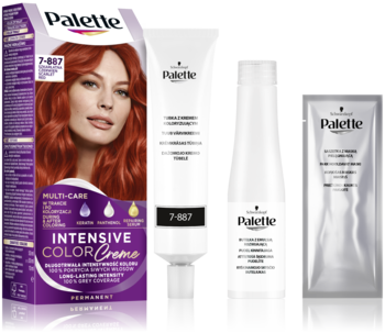 Zestaw farby do włosów Palette 7-887: pudełko z rudowłosą modelką, tubka z kremem, butelka i saszetka.