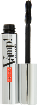 Tusz Pupa Vamp! Extreme w srebrnej tubie z widoczną czarną, podwójną szczoteczką. Produkt otwarty.