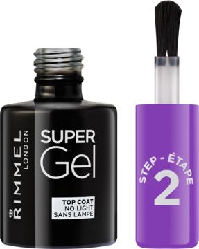 Rimmel Super Gel Top Coat, czarna butelka z przezroczystym korkiem, fioletowy aplikator "STEP 2" bez lampy UV.