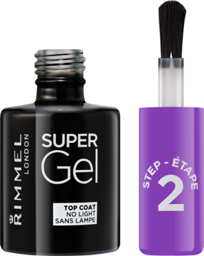 Rimmel Super Gel Top Coat, czarna butelka z przezroczystym korkiem, fioletowy aplikator "STEP 2" bez lampy UV.