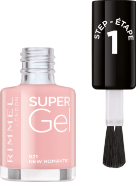 Jasnoróżowy lakier Rimmel Super Gel New Romantic w szklanej butelce z wyjętym pędzelkiem "STEP 1".