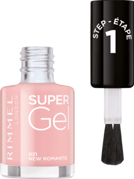 Jasnoróżowy lakier Rimmel Super Gel New Romantic w szklanej butelce z wyjętym pędzelkiem "STEP 1".