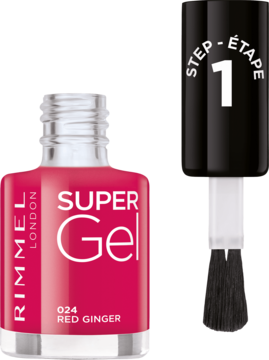 Otwarty, czerwony lakier Rimmel Super Gel Red Ginger z czarną nakrętką i pędzelkiem, widoczny napis STEP 1.