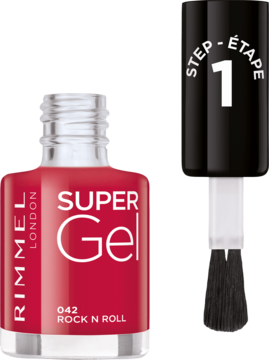 Rimmel Super Gel lakier do paznokci 042 Rock 'n' Roll, bordowy. Butelka z odkręconą nakrętką i pędzelkiem.