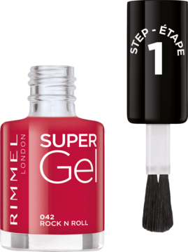 Rimmel Super Gel lakier do paznokci 042 Rock 'n' Roll, bordowy. Butelka z odkręconą nakrętką i pędzelkiem.