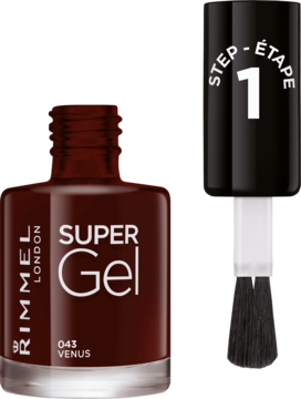 Rimmel Super Gel lakier do paznokci 043 Venus, głęboki burgund. Widok butelki z otwartą zakrętką i pędzelkiem.