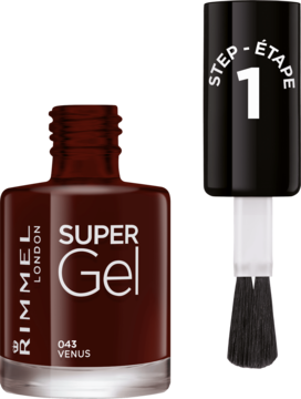 Rimmel Super Gel lakier do paznokci 043 Venus, głęboki burgund. Widok butelki z otwartą zakrętką i pędzelkiem.