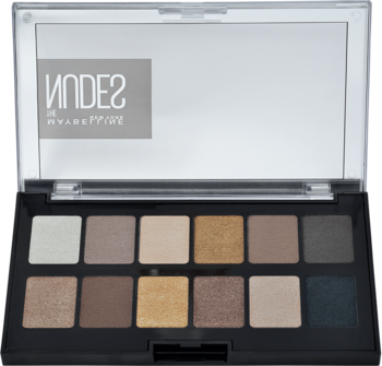 Otwarta czarna paletka The Nudes Palette z 12 matowymi i błyszczącymi cieniami beż/brąz/złoto.