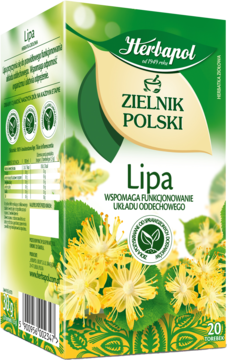 Herbapol Lipa, ziołowa herbatka na gardło i drogi oddechowe, w zielono-białym opakowaniu z kwiatami lipy, widok z przodu.