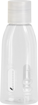 Przezroczysta butelka podróżna 100ml z białym korkiem press cap do kosmetyków, widok z przodu.