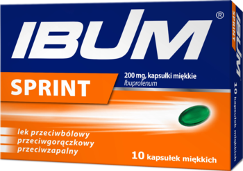 Lek IBUM SPRINT 200 mg, 10 kapsułek miękkich, ibuprofen. Granatowo-pomarańczowe opakowanie, widok z przodu.