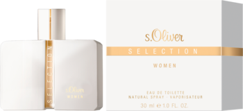 S.Oliver Selection Women EDT: biała butelka ze złotym pionowym paskiem i dopasowane białe pudełko, widok z przodu.