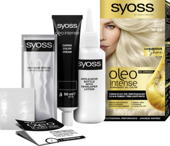 Syoss Oleo Intense 10-50 Popielaty Blond, zestaw farby do włosów bez amoniaku, tuby i butelka aplikatora.